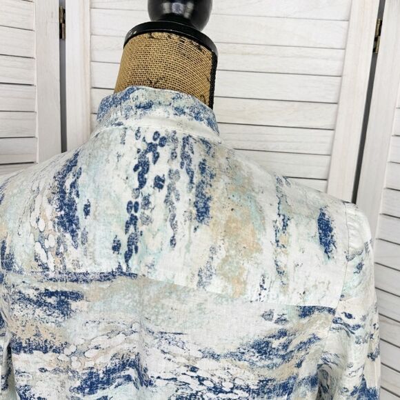 Chico’s Watercolor Linen Blend Open Front Topper Jacket White Blue Small - Picture 7 of 14